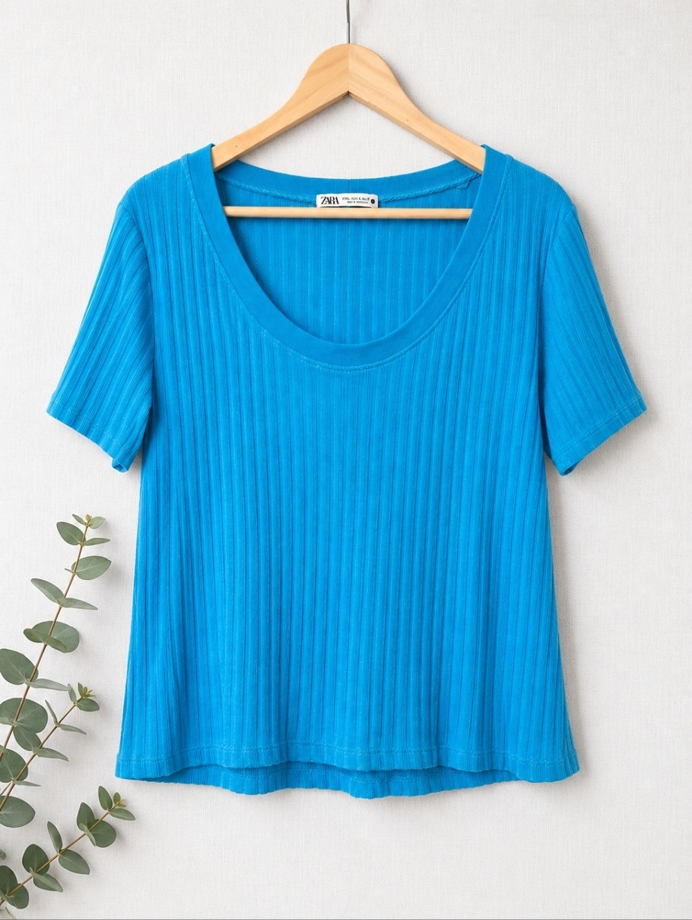 Zara Textured Rib Knit Top Turquoise Blue Short Sleeve Sweater Tee XL